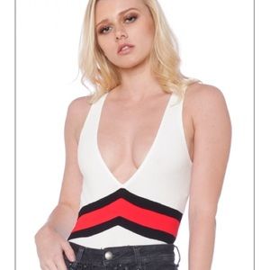 Makers of Dreams White Red Ribbed Hi Cut Bodysuit